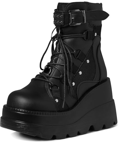 Meefit Women Goth Platform Boots Wedge High Heel Lace Up Ankle Boots Round Toe Combat Booties Motorcycle Boot(1-Black,US9.5)