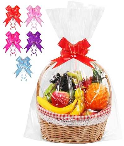 5 Stück Extra Groß Geschenkfolie Transparent Cellophantüten, 60x76cm Zellophantüten mit 5 Zugschleifen Geschenke, Geschenktüten Durchsichtig für Blumen, Geschenkkörbe, Kunsthandwerk, Leckerli Wrap