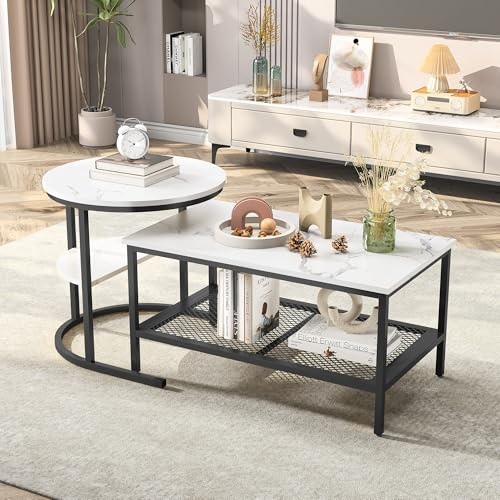 MISNODE Set med 2 moderna soffbord, rektangulärt bord med rundt sidobord, modernt soffbordsset med konstmarmormönster (svart)