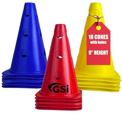 GSi Conos de entrenamiento de 9 pulgadas con agujeros, juego de 18, crea obstáculos ajustables y circuitos de agilidad, conos deportivos duraderos para fútbol, niños, PE y entrenamiento multideportivo