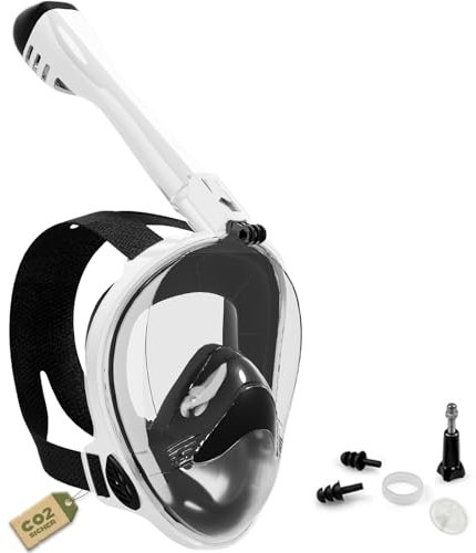 Schnorchelmaske Erwachsene Vollgesichtsmaske – CO₂ sicher Wasserdicht & Beschlagfrei Tauchmaske mit Kamera Halterung – Tauchermaske mit Tragetasche & Ohrstöpsel (weiß, S-M)