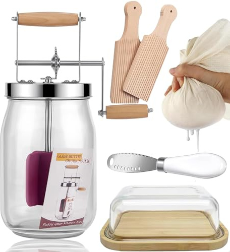 Vintag - Mantequilla manual de 1,5 l con mango de madera, sistema de engranajes de acero inoxidable, tarro de manivela para utensilios de cocina