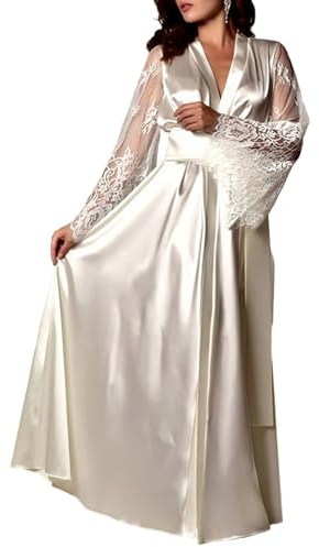 Women’s Long Ice Silk Robes, See Through Mesh Lace Flared Sleeves Dressing Gown Pajamas, Full Length Cardigan Bridesmaid with Satin Belt, V-Neck Waist Tie Bathrobe Loose Fit Long Sleeve Nightdress