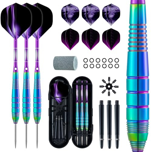 XAWU Set med stålspetspilar 24 g med extra flights och skaft, inkluderar 9 flights, 3 aluminiumskaft, spetsvässare, O-ringar, resefodral