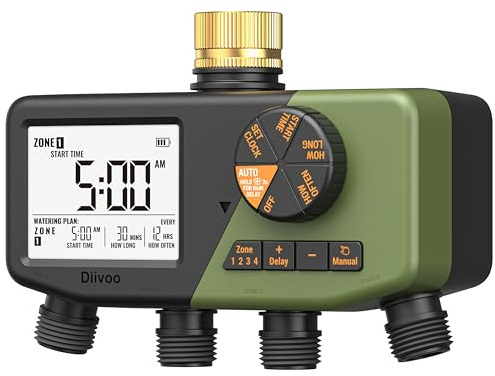 Diivoo 4-zons bevattningsdator med mässingsintag, IP68 vattentät 4-zons vattentimer med stor display, digital kontroll, regnfördröjning och manuell vattning för trädgårdsslang, gräsmatta, trädgård