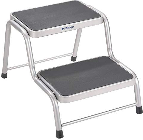 Berger Escalon | Escalera dos peldaños | Taburete 2 peldaños | Taburete caravana | Peldaño caravana | Escalon autocaravana | Escalón caravana | Taburete de acero plata/negro escalón antideslizante para camping y caravanas
