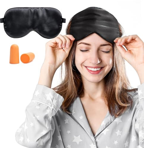 Viedouce Schlafmaske Seide Augenmaske,100% Hautfreundlich Frauen und Herren, Angenehme Schlafmaske,Ideal für Schlaf zu Hause Auf Reisen (Schwarz)