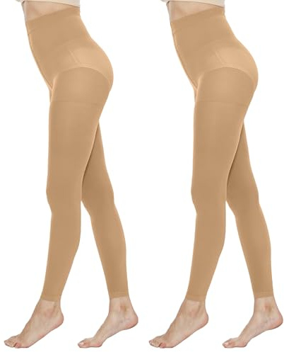 MANZI Women's Footless Tights 2 Pairs Suntan Opaque Control-Top Pantyhose 70 Denier X-Large