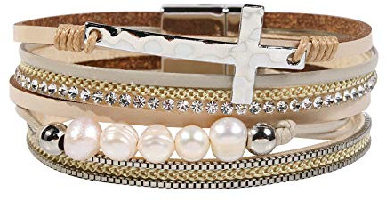 Vercret Leather Wrap Bracelet for Women - Multi-Layer Bracelets with Pearl Cross Beige Magnetic Clasp Bangle Cuff Stacked Bracelet for lady and Mother