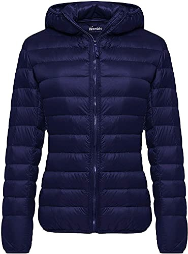 Wantdo Femme Veste en Duvet Manteau Matelassé à Capuche Léger Compressible Veste Coupe-Vent Isolée de Montagne à Capuche Mince Veste d'Extérieur Courte Bleu Marine M