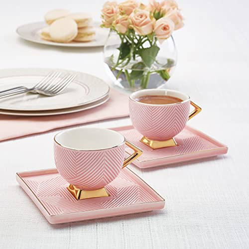 Karaca Art Deco Turkish Coffee Cup Set for 2 People - 4 Piece Pink Cups with Saucers - Small Porcelain Espresso Set - Ideal for Serving Greek, Arabic Coffee (90 ml)