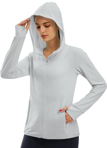 Libin Women's Full Zip UPF 50+ Sun Protection Hoodie Jacket Long Sleeve Sun Shirt Hiking Outdoor Performance with Pockets Light Gery M