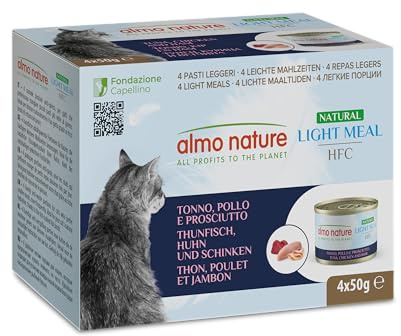 Almo Nature HFC Natural Light Meal - Alimento Húmedo para Gatos Adultos - Sabor Atún, Pollo y Jamón - Calidad Grado Humano, Sin Gluten - 50g, Paquete de 4