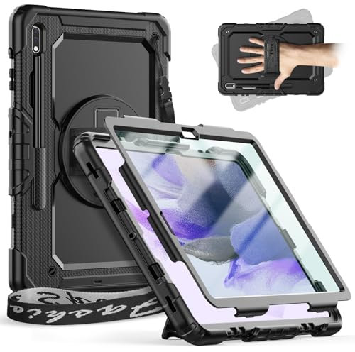 Timecity Hülle für Samsung Galaxy Tab S7 FE/S8+ Plus/ S7+ Plus 12.4 Zoll, Stoßfeste Schutzhülle mit Displayschutz Handschlaufe Schultergurt Drehbarer-Ständer S Pen Halter für S7 FE 2021, Schwarz