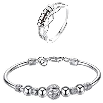 QKEPCY 2pcs Fidget Anxiety Ring Bague pour Femmes Argent et Bracelet de Perles Filantes Fidget Bague Anxiété Rotative Bague Ouverts Reglables Cristal Spinner Anneaux Anti Stress Ensemble (Type A)