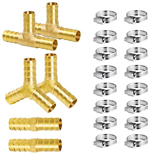 Schlauchverbinder 10MM Messing, 6 Stück Messing Schlauchverbinder T Stück, mit Klemmen, für Luftleitung Wasserleitung Kraftstoffleitung Olleitung