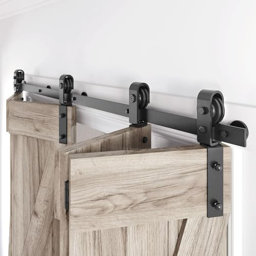Roymelo 64 Bifold Sliding Barn Door Hardware Track Kit,Side Mounted Black J Shape Roller,Smoothly and Quietly,Assembly Easy,Fit Four 15 Bi-Folding Doors (Door Not Included)
