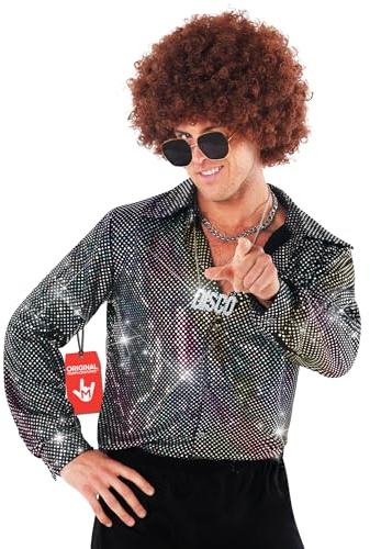 Morph Deguisement Chemise Disco Homme, Costume Annees 70 Halloween | Chemise Boutonnée Pailletée, Look Disco Années 70 Argenté, À Enfiler, Parfait pour Halloween, Idéal pour se Déguiser
