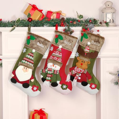 Gemszoo Personalisierte Weihnachtsstrümpfe, personalisierbar, mit Namen, Weihnachtsdekoration, großer Weihnachtsstrumpf, Geschenk, Strumpftasche (Stil 1 (3er-Pack)