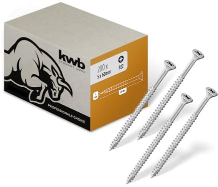 KWB Vis à Bois 5x60 mm, PZ2, 200 Pièces, Cruciformes Pour Panneaux d'Agglomérés, Filetage Partiel, Revêtement Cr3, Pointe de Perçage Type-17