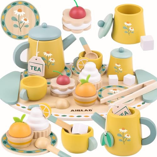 Airlab Wooden Tea Set for Toddlers, Kids Tea Set for Baby Girls, Toy Food Pretend Play Kitchen Accessories for Age 3+, Childrens Afternoon Tea Party Birthday Gift