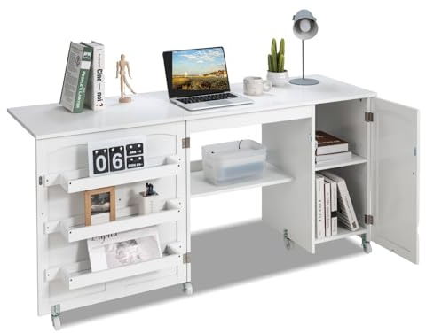Multigot Folding Sewing Table, Large Drop Leaf Craft Table with Lockable Casters, 3 Storage Bins, Open Shelf and Cabinet, Mobile Sewing Machine Workstation Computer Desk for Home Office (White)