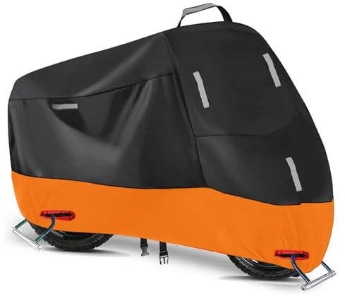 Motorbike Cover Waterproof Outdoor, 300D Oxford Heavy Duty Motorcycle Scooter Moped Cover with 5 Reflective Strips and 2 Windproof Buckles, 2 Lock Holes and 1 Storage Pouch (L: 86 x 37 x 43 inch)