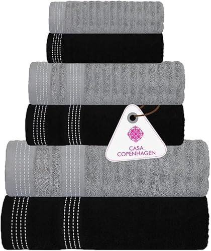 Casa Copenhagen Elegance 6-teiliges Handtuchset, Grauviolett + Schwarz, 550 g/m², 2 Badetücher, 2 Handtücher, 2 Waschlappen aus weicher ägyptischer Baumwolle für Badezimmer, Küche und Dusche