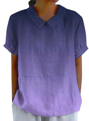 Cihdmfb Bluse Damen Sommer Farbverlauf Druck Kurzarm Leinenbluse Blusenshirt Elegant Revers Rundhals Leinenhemd Hemdbluse Lässig Locker Sommerbluse Leinen Tunika Vintage Oberteile Blusen(B Lila,3XL)