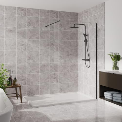 Blümme 1100mm Wetroom Screen Walk in Shower Enclosure Bathroom Screen Panel 8mm Easy Clean Glass Matte Black Framed