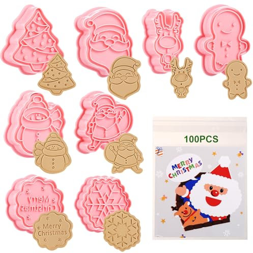LIHAO 8pz Stampi Tagliabiscotti di Natale, Formine Biscotti Natale con 100pz Sacchetti per Biscotti Stampi Biscotti Babbo Natale Albero di Natale