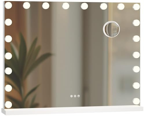 CLP Schminkspiegel mit Beleuchtung 80x60 cm Norlina, Kosmetikspiegel Bluetooth-Lautsprecher USB, Hollywoodspiegel Wandmontage und freistehend, Farbe:weiß, Set-Inhalt:mit Bluetooth
