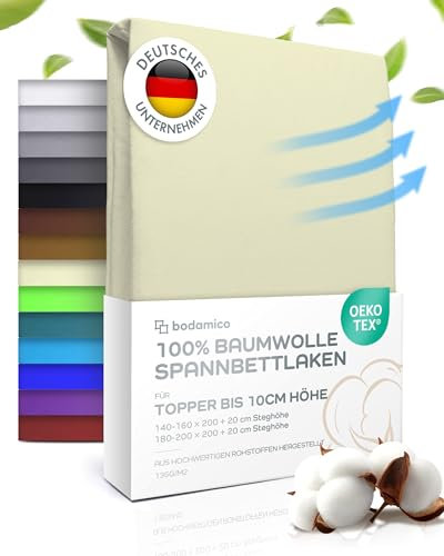 Bodamico Topper Spannbettlaken 180x200 cm - 100% Baumwolle Jersey für Boxspringbett Topper bis 10cm Höhe - Topper Bezug 180x200-135g/m2 Oeko-Tex geprüft - Topper Schoner in Natur