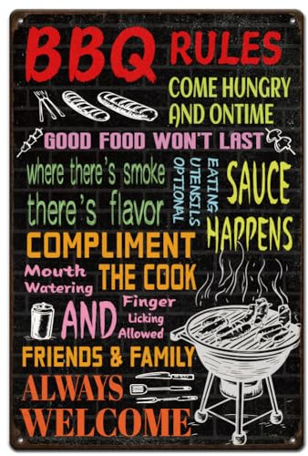 SUPERDANT BBQ Rules Metal Signs Always Welcome Tin SignsKitchen Wall Plaques Barbeque Quotes Poster Art for Kitchen Bar Pub Man Cave Gift Vintage Decor
