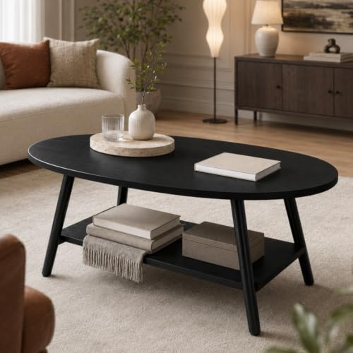 Hawthyhome Round Side Table 2-Tier Coffee Table with Storage Modern Solid Wood Table Metal Frame for Living Room Bedroom Black