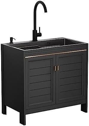 Ensemble d'éviers en acier inoxydable Évier de service autoportant Combinaison évier de cuisine noir et armoire Évier de service Évier de buanderie Combinaison armoire(Round Head Faucet,60x45x80cm)