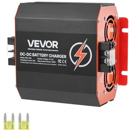 VEVOR 12 V 20 A DC till DC batteriladdare, 250 W, inbyggd batteriladdare för blysyra, litium, AGM, gel och översvämmade batterier, smart flerstegsladdning, för husbilar, kommersiella fordon, båtar