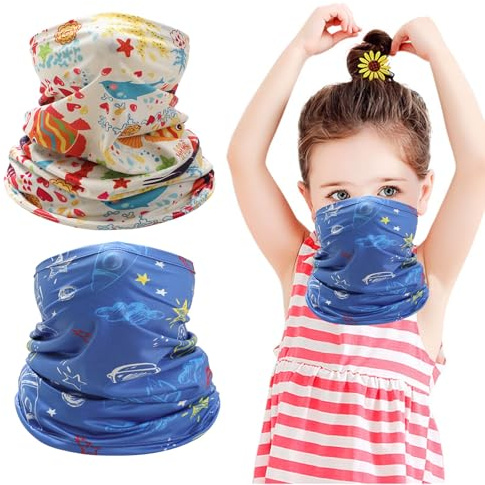 2PCS Unisexe Tour de Cou Élastique pour L'enfant, Cache-Cou Tubulaire Séchage Rapide, Echarpe Sport Cheveux Gaiter Masque, Cache-Cou Enfants Fin, Vent Poussière Preuve UV pour Yoga Cyclisme Randonnée