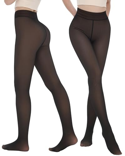 iceROSE 2 Pairs Fleece Lined Thermal Tights for Women – Sheer Black Pantyhose Warm Winter Thick Fake Translucent Leggings