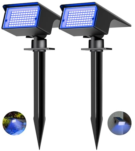 kolpop [2 unidades/ 77 LED Foco solar para jardín exterior, foco solar azul, IP65 resistente al agua, 3 modos, 800LM Luces solares, lámparas solares Dusk to Dawn para árboles del patio, caminos