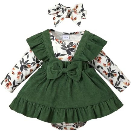 HEOXIN Bebé Niña Nacido Ropa Conjunto Otoño Bebe Body Manga Larga Floral Estampado Top + Pana Falda con Tirantes Lazo + Diademas 3 Piezas Set, para Recién 12-18 Meses Invierno, Verde