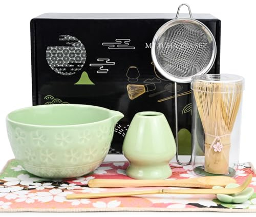 Muhogxio Matcha Set - 8 st Macha Tea Set med Besen, Filtersieb, Schale,Löffel Teetuchunterlage, Geschenkset för Traditionell Matcha Zubereitung (Grön)