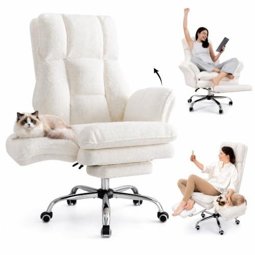 Big and Tall Office Chair with Footrest, Cross-Legged Sitting, Teddy Beige