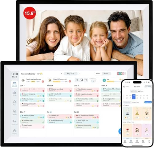 AILRINNI Calendrier Numérique 15,6 – Planning Familial Wi-FI & Cadre Photo Numérique, Organisation Familiale 1920 x 1080 Écran Tactile et Application, Sync Horaires & Partage Moments Via App, 32Go