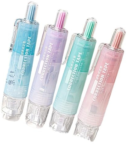 Lot de 4 rouleaux de ruban correcteur 6 m x 5 mm pour prise de notes rechargeable Blanc total 24 m pour l'école et le bureau Ergonomique avec étui
