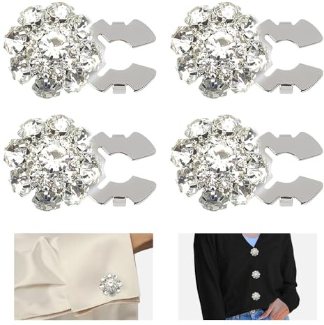 HMCEY 4 pezzi Bottoni Strass,Bottoni Gioiello Per Giacca,Gemelli Bottone Decorativi per Camicia,Cover Button Cover Clip,Pulsanti per Cappotto Rimovibili per Cucito Fai Da Te, Vestiti - Argento