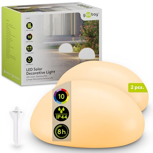 goobay Set de 2 Lámparas solar LED Piedra RGB 24cm para jardín y exterior, esferas IP44 impermeables, luz ambiental con 10 modos, resistente a la intemperie, ideales para terraza y balcón, con estaca