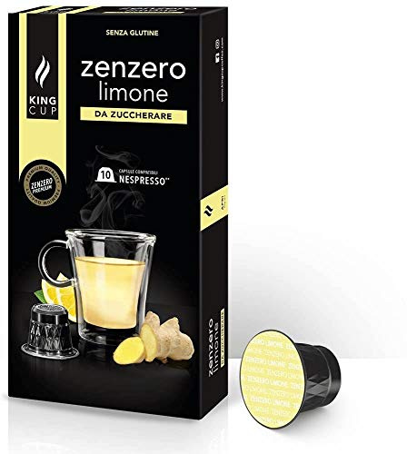 King Cup - 1 Packung mit 10 Zuckerfreier Ingwer und Zitrone Kapseln, 10 Kapseln 100% Kompatibel mit dem Nespresso-System, Getränk mit Zitronen und Ingwergeschmack, Glutenfrei und Laktosefrei