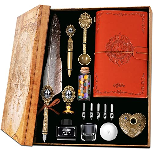 Aifeiter Feather Pen Ink Set,Includes Quill Pen,Notebook,Ink,5 Replaceable Nibs,Pen Holder,Cup,Seal Stamp,Spoon,Wax Bead,White Wax,Envelope & Letter Paper Etc.Feather Calligraphy Pen Set-Grey