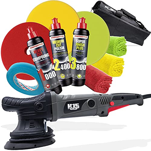 Garage Freaks Kit de polissage : Polisseuse excentrique PLSH H15 + 3 Menzerna Autopolitures 250 ml + Éponges de polissage 150 mm + Ruban de masquage 3M 18 mm/50 m + Chiffons de polissage en microfibre